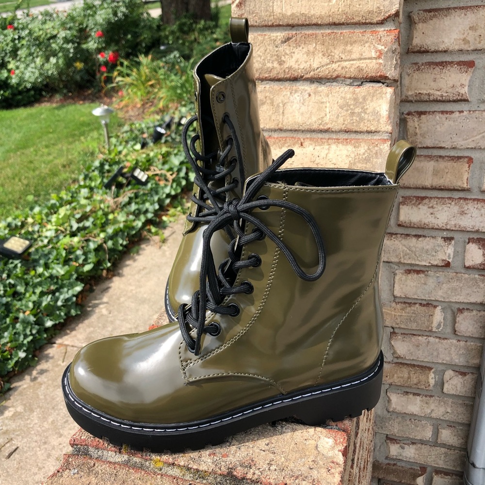 Olive Green Vegan Shiny Combat Boots